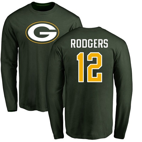 Men Green Bay Packers Green #12 Rodgers Aaron Name And Number Logo Nike NFL Long Sleeve T Shirt